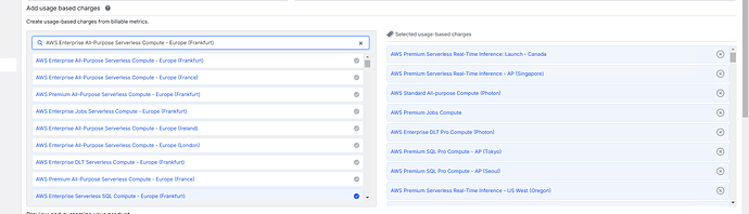 The image shows a user interface for adding and selecting AWS usage-based charges, featuring options for various AWS serverless compute services across different regions. (Captioned by AI)