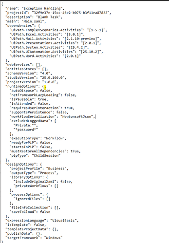 The image shows a JSON configuration file detailing the settings for a UiPath project named "Exception Handling," including dependencies, schema version, execution type, and other project attributes. (Captioned by AI)