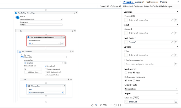 The image displays a UiPath automation workflow that retrieves the first unread desktop Outlook mail message from the inbox and displays its subject in a message box. (Captioned by AI)