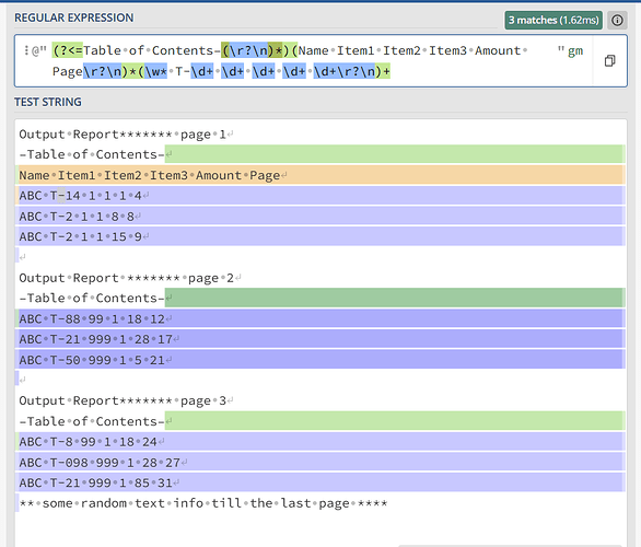 The image shows a regular expression being tested against a string to match and highlight specific patterns in a structured report format. (Captioned by AI)