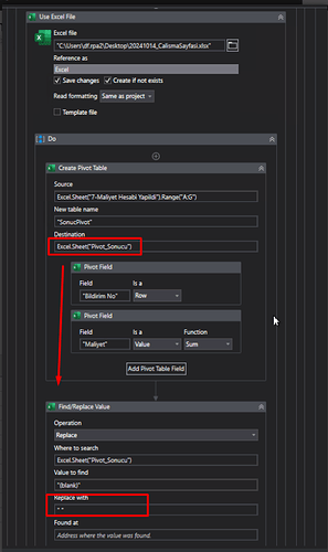 The image shows a series of actions in an automation workflow: using an Excel file to create a pivot table named "SonucPivot," saving it to "Excel.Sheet('Pivot_Sonucu')," and then finding and replacing blank values in the pivot table with a hyphen. (Captioned by AI)