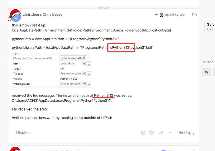 A user is troubleshooting an error with setting the Python installation path in UiPath, highlighting a potential path mismatch for Python 3.12 instead of Python 3.11. (Captioned by AI)
