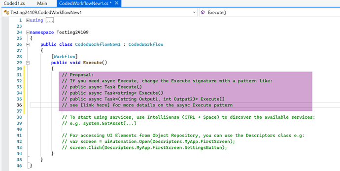 The image shows a code editor displaying a C# file with instructions for implementing an asynchronous Execute method within the highlighted section. (Captioned by AI)