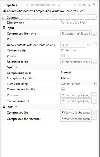 This image shows a detailed configuration interface for a file compression workflow activity in UiPath. (Captioned by AI)