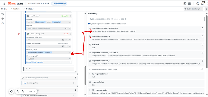 The image shows a screenshot from UiPath Studio, displaying a failed "Upload Storage File" activity with variables and watches related to file paths and status. (Légende par l'IA)