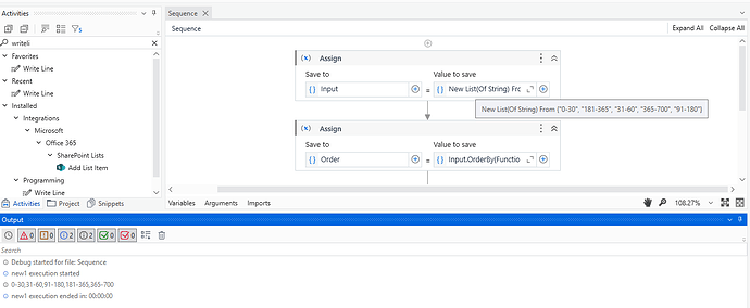 The image shows a debugging interface in a programming environment where a sequence of string values is assigned and then ordered, with the output displayed at the bottom. (Captioned by AI)