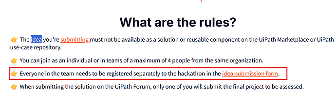 The image outlines rules for a hackathon regarding idea submission, team registration, and project assessment. (Captioned by AI)