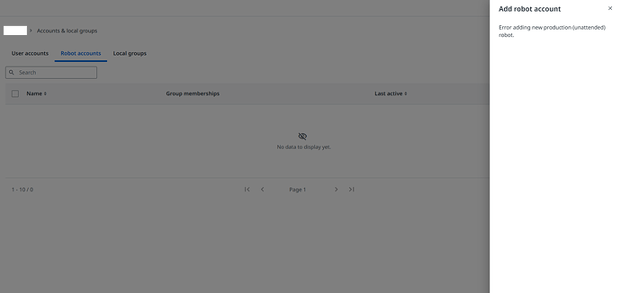 A software interface displays an error message on the right side while attempting to add a new robot account, with no data currently visible in the account list. (Captioned by AI)