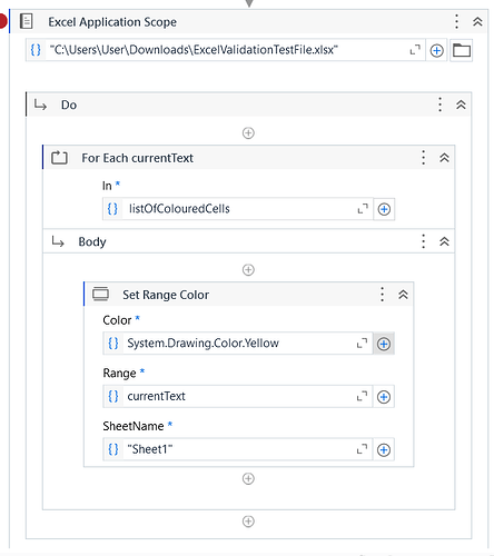 An automated workflow in UiPath sets the background color of specified cells in an Excel spreadsheet to yellow. (Captioned by AI)