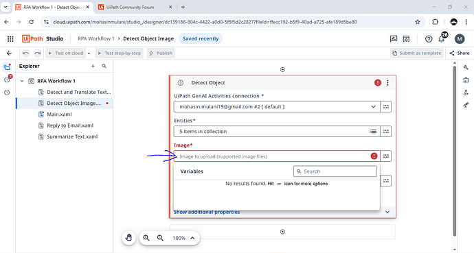 The image shows an interface in UiPath Studio where an error indicates a missing image file for object detection. (Captioned by AI)
