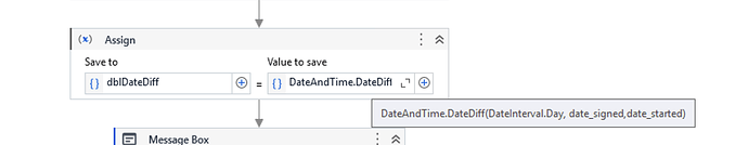 The image shows an assignment action in a workflow, setting the variable dblDateDiff to the result of calculating the difference in days between date_signed and date_started using the DateAndTime.DateDiff function. (Captioned by AI)