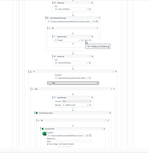 A UiPath workflow for iterating through Excel cells, checking their color, and logging messages based on the results. (Captioned by AI)