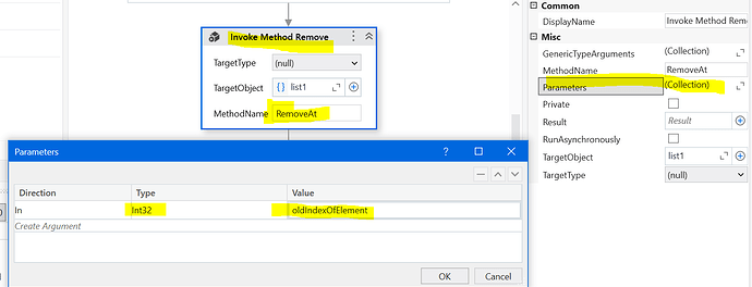 This image shows the configuration of the "Invoke Method Remove" activity in a workflow, specifically using the "RemoveAt" method on a list (list1) with an integer index parameter (oldIndexOfElement). (Captioned by AI)
