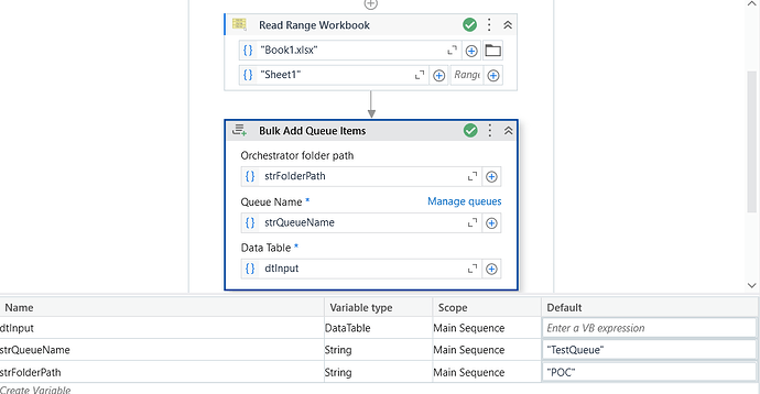 The image shows a UiPath workflow that reads data from an Excel file and bulk adds it to an Orchestrator queue, with variable definitions for input data table, queue name, and folder path. (Captioned by AI)