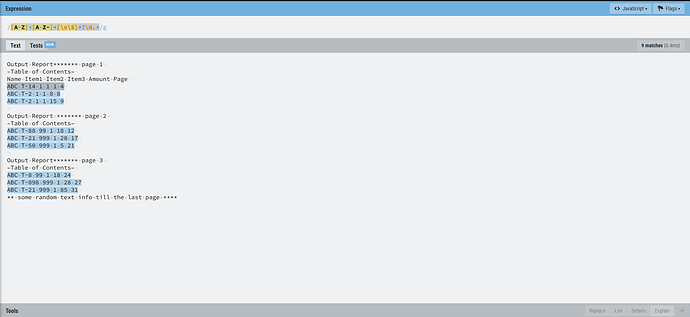 This image shows a text editor with several pages of output reports being processed using a regular expression. (Captioned by AI)