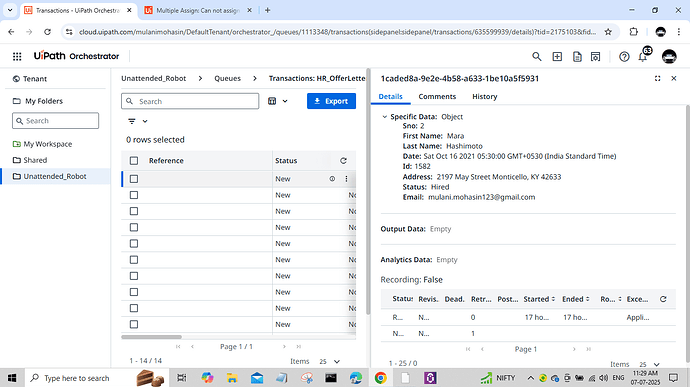 The image displays a UiPath Orchestrator interface showcasing queued transactions labeled 'HR_OfferLetter' with specific details for one entry named Mara Hashimoto, marked as 'Hired'. (Captioned by AI)