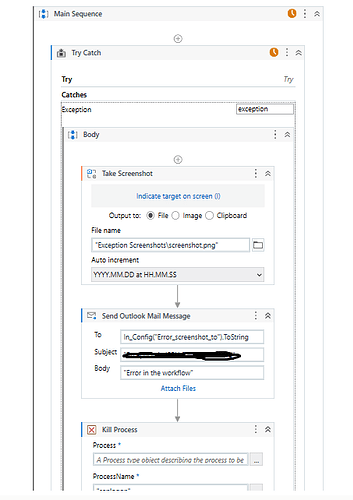 This image depicts a sequence in UiPath that takes a screenshot upon exception, sends an email with the screenshot, and then kills the process. (Captioned by AI)