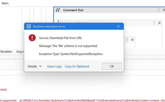 The image shows a UiPath runtime execution error message indicating that the 'file' scheme is not supported during a "Download File from URL" operation. (Captioned by AI)