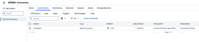 The screenshot shows the UiPath Orchestrator interface, displaying a list of automations with details for a process named 'TestAgent.' (Captioned by AI)