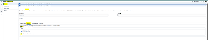 The image displays a policy configuration screen for Studio Web in UiPath, featuring governance options, feed settings, and activity management settings. (Captioned by AI)