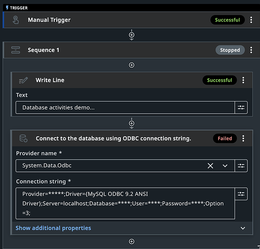 A sequence showing the manual triggering of a database activities demo with successful and failed steps, including an unsuccessful attempt to connect to the database using an ODBC connection string. (Captioned by AI)