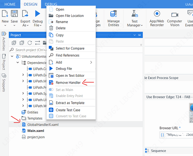The image depicts a screenshot of the UiPath Studio interface, showing a context menu with the option "Remove Handler" highlighted. (Captioned by AI)