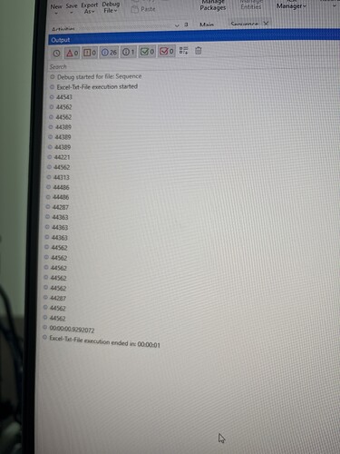 A computer screen displays the debug output of an execution sequence, showing the start and end of the Excel-Txt-File execution along with a series of logged numbers and statuses. (Captioned by AI)