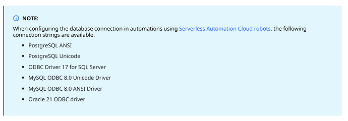 The note informs users about the available database connection strings for configuring automation using Serverless Automation Cloud robots, listing options for PostgreSQL, SQL Server, MySQL, and Oracle. (Captioned by AI)