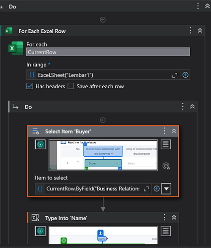 The image depicts a sequence in a UI automation workflow where it iterates through each row of an Excel sheet and performs specific actions, including selecting an item and entering text into a field. (Captioned by AI)