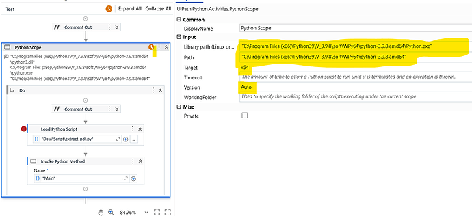 The image displays a UIPath workflow with a Python Scope activity setup, including library paths and a script to extract PDF data. (Captioned by AI)