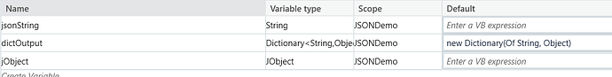 The image shows a table listing three variables (jsonString, dictOutput, jObject) with their corresponding types, scopes, and default values within a JSONDemo context. (Captioned by AI)