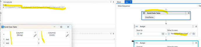 The image shows a software interface with a highlighted section of a JSON string in an Immediate window, accompanied by a "Build Data Table" activity followed by an "Assign" activity in a workflow sequence, and a data table preview displaying two columns and two rows. (Captioned by AI)