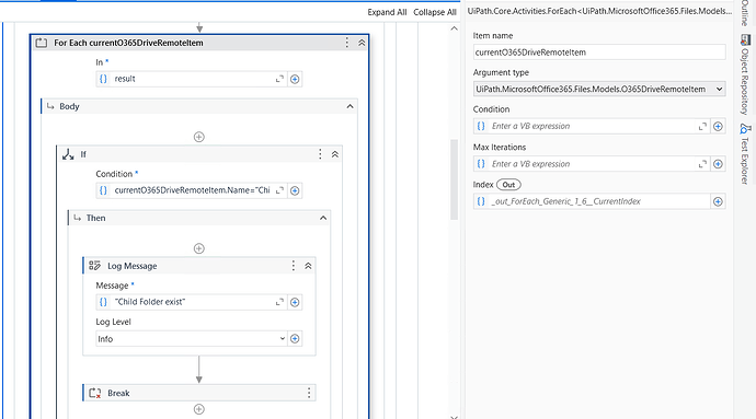 The image shows a UiPath workflow using a 'For Each' loop to iterate through O365DriveRemoteItems, checking if an item named "Child" exists and logging a message before breaking the loop if the condition is met. (Captioned by AI)
