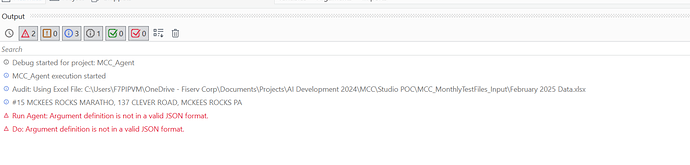 The image shows a debugging output screen with messages indicating the start of MCC Agent execution and errors related to invalid JSON format in argument definitions. (Captioned by AI)