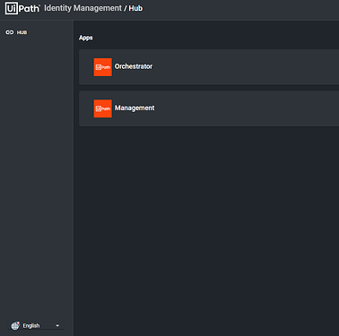 The UiPath Identity Management Hub interface displays two app options: Orchestrator and Management. (Captioned by AI)