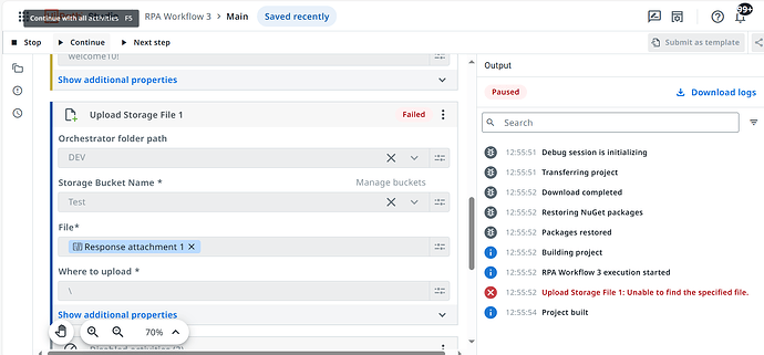 The image shows a screenshot of an RPA workflow interface where an upload storage file action has failed due to an inability to find the specified file, as indicated in the output log. (Légende par l'IA)