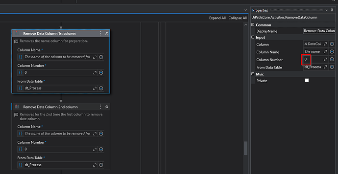 The image displays a UiPath workflow activity where two data table columns are being removed based on their column numbers, with properties for the first removal action highlighted. (Captioned by AI)
