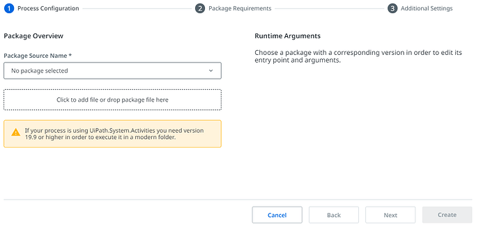 The image shows a software interface for configuring a process package, including sections for selecting a package source, runtime arguments, and a warning about version requirements for UiPath.System.Activities. (Captioned by AI)