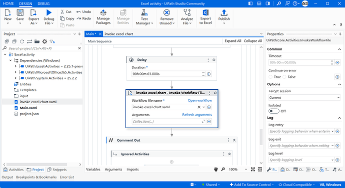 This image shows the UiPath Studio Community edition interface with a workflow being designed, including activities such as a Delay and an Invoke Workflow File. (由 AI 生成标题)