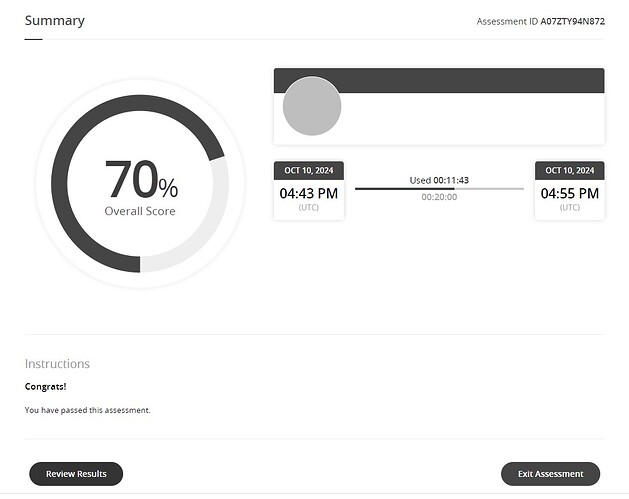 The image shows an assessment summary with a 70% overall score, test duration from 04:43 PM to 04:55 PM UTC on October 10, 2024, and a confirmation of passing the assessment. (Captioned by AI)