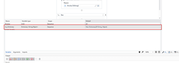 The image shows a software interface defining variables, with "my_Dictionary" highlighted, indicating it is a Dictionary of String and Object with the default value set as a new dictionary. (Captioned by AI)
