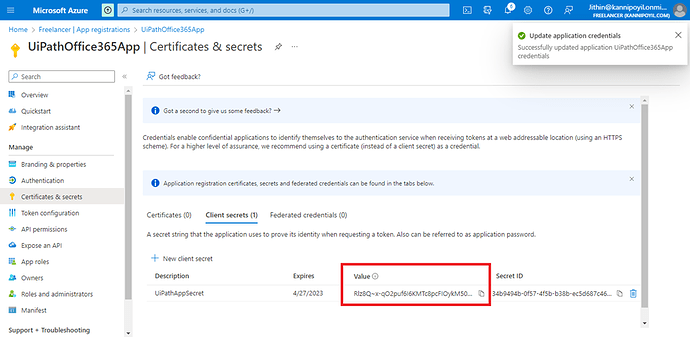 An Azure portal screen demonstrating the Certificates & Secrets section for an application registration, highlighting a secret value. (Captioned by AI)