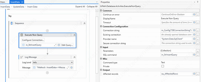 The image shows a UiPath sequence with an 'Execute Non Query' activity configured to run an SQL insert command and log the message details along with its properties pane displaying various configuration settings. (Captioned by AI)