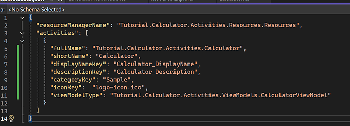 The image displays a JSON configuration file in Visual Studio Code, defining a calculator activity with properties such as full name, short name, display name key, description key, category key, icon key, and view model type. (Captioned by AI)