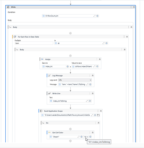This is a screenshot of a UiPath workflow that iterates through each row in a data table, logs row details, and retrieves the color of specific cells in an Excel worksheet. (Captioned by AI)