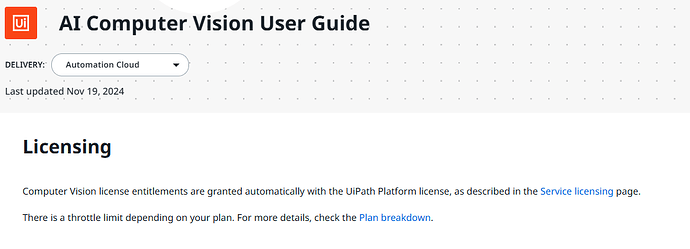 The image shows a section of the AI Computer Vision User Guide focused on licensing details, outlining automatic entitlements with UiPath licenses and throttle limits based on plans. (Captioned by AI)
