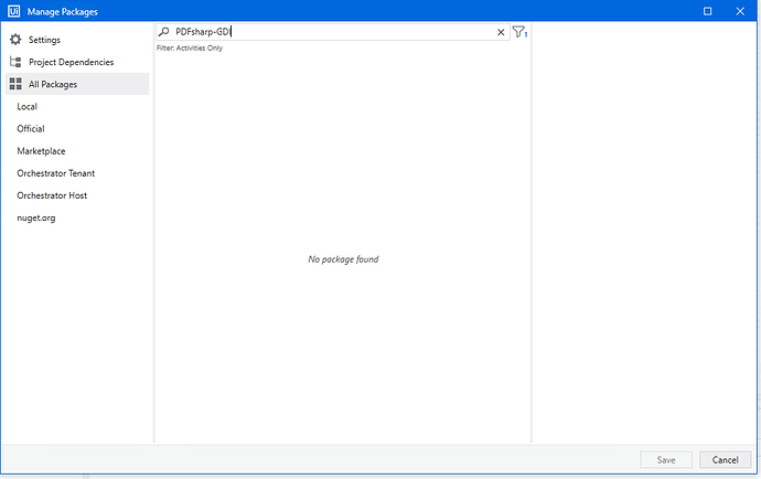The "Manage Packages" window in UiPath shows a search for "PDFsharp-GDI" with no packages found, and various package sources like Local, Official, and nuget.org on the left. (Captioned by AI)