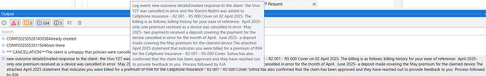 The image shows a detailed log of communication and billing history related to insurance coverage adjustments for a client's cellphone. (Captioned by AI)