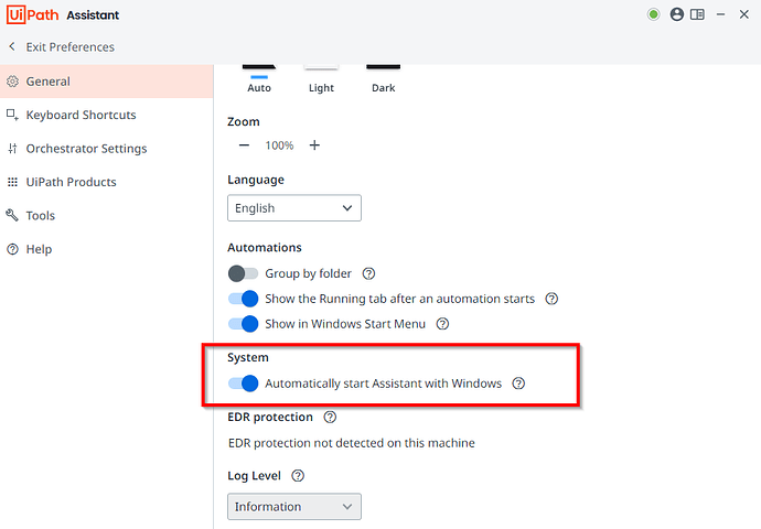 The image shows the UiPath Assistant Preferences menu with the option to automatically start the Assistant with Windows highlighted. (Captioned by AI)