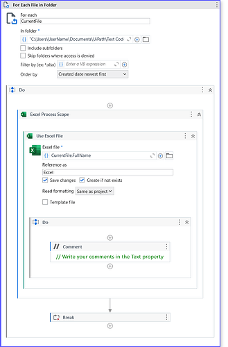 This image shows a UiPath workflow that iterates through Excel files in a specified directory, processes each file within an Excel scope, and breaks the loop after processing. (Captioned by AI)